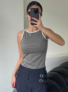 DAZY 女士条纹短款船领背心，春夏 - 灰色 - 查看 5