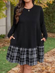 EMERY ROSE Vestido holgado de manga larga, cuello redondo, parcheado con tartán negro, para talla grande, otoño