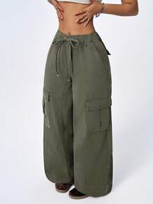 SHEIN ICON Jeanoix 女士时尚休闲绿色抽绳腰部多口袋宽松牛仔裤 - 綠色 - 查看 4