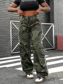 SHEIN Slayr Women Casual Loose Camouflage Striped Drawstring Waist Cargo Pockets Straight Leg Jeans - Multicolor - View 3
