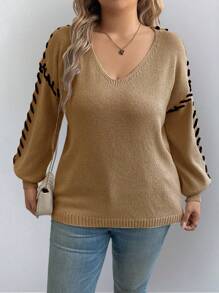 Calvaya 大码 V 领拼色休闲长袖针织套头衫，适合冬季 - 杏色 - 查看 4