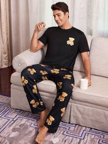 Snug Zone 熊印花圆领短袖长裤休闲男士睡衣套装 - 黑色 - 查看 7