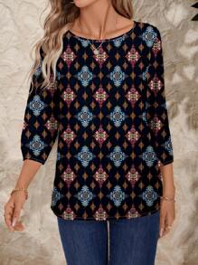 EMERY ROSE 女士休闲复古花卉印花宽松圆领长袖衬衫，夏季 - 彩色 - 查看 5