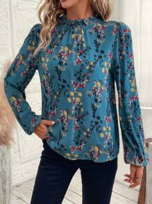 Rusticease 女士度假风花卉印花荷叶边领灯笼袖宽松上衣秋季 - 彩色 - 查看 4