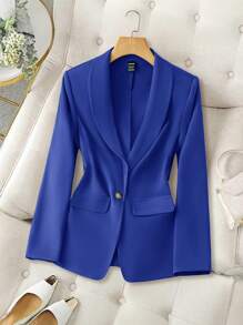 SHEIN LUNE 2024 Autumn/Winter New Arrival Greenish Gray Women Lapel Buttoned Waist Tailored Jacket - Navy Blue - View 7