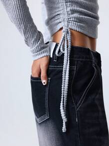 LYSMO 女士纯色圆领、罗纹褶皱抽绳设计长袖 T 恤