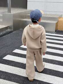 SHEIN Little Byeori 2 Pieces Young Boys Outfits,Winter,Career Day,Back-To-School Thick Cardigan Sweater Coat And Pants Suit,Soft Leisure College Fashion School Boy Set - Khaki - View 8