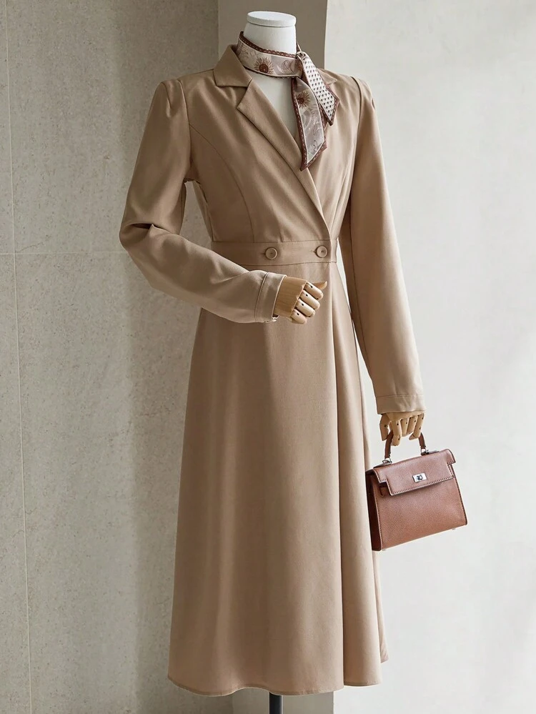 Solid Color A-Line Midi Dress With Suit Collar For Women,Fall Clothes Long Sleeve Dress
