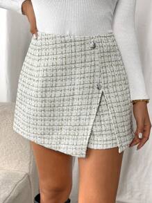 SHEIN Frenchy Shorts elegantes de trabajo con botones y estampado a cuadros para mujer