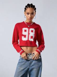 Coolane Women's Fall/Winter Basic Number Printed Keep Warm Red Round Neck Long Sleeve Crop Sweater