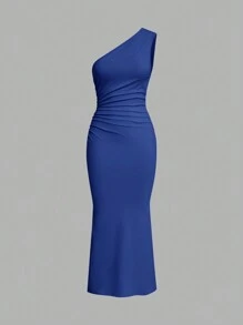 SHEIN EZwear 1pc Plain Color Asymmetric Neck Ruched Extra Long Fishtail Elegant Sleeveless Dress - Royal Blue - View 1