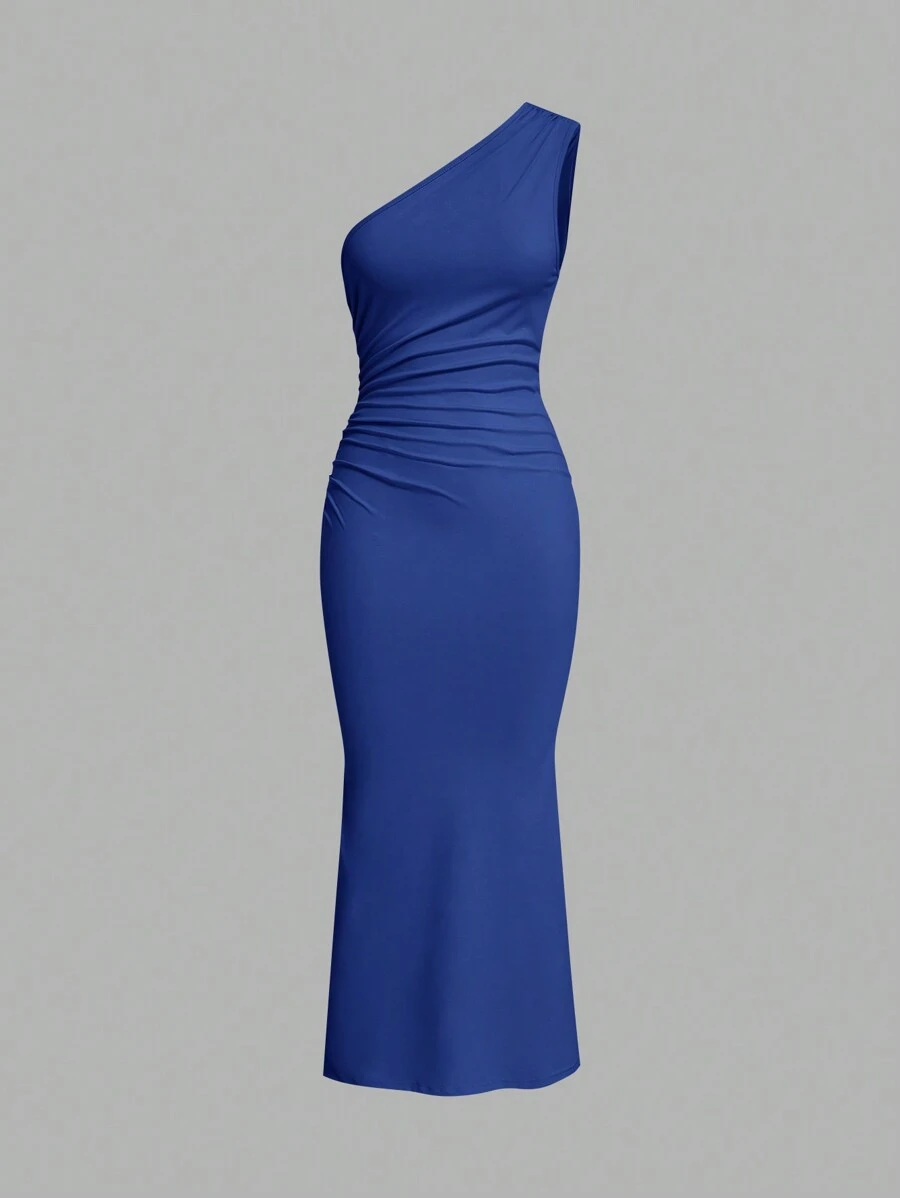 SHEIN EZwear 1pc Plain Color Asymmetric Neck Ruched Extra Long Fishtail Elegant Sleeveless Dress - Royal Blue - View 1