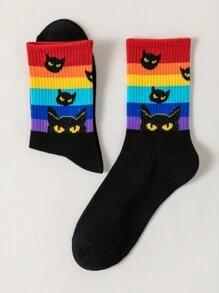Benitta Artist Retro Minimalist Happy Black Cat & Rainbow Patterned Mid-Calf Socks For Women, Warm For Holiday
