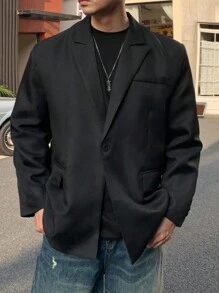 DAZY 1 件男士休闲纯色翻领夹克，秋季服装 - 黑色 - 查看 6