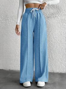 Cottnline Cotton Petite Drawstring Waist Wide Leg Pants - Baby Blue - View 4