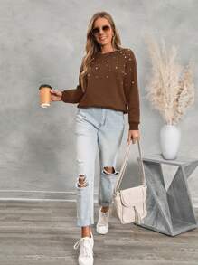 SHEIN LUNE 女士休闲露肩仿珍珠串珠套头毛衣 - 棕色 - 查看 5