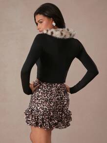 Hauture Women Black Autumn 70's Tie Front Fuzzy Leopard Print Patchwork Long Sleeve Top,Club Night Party Disco Winter Clothes For Date Performances Festivals - Black - View 3