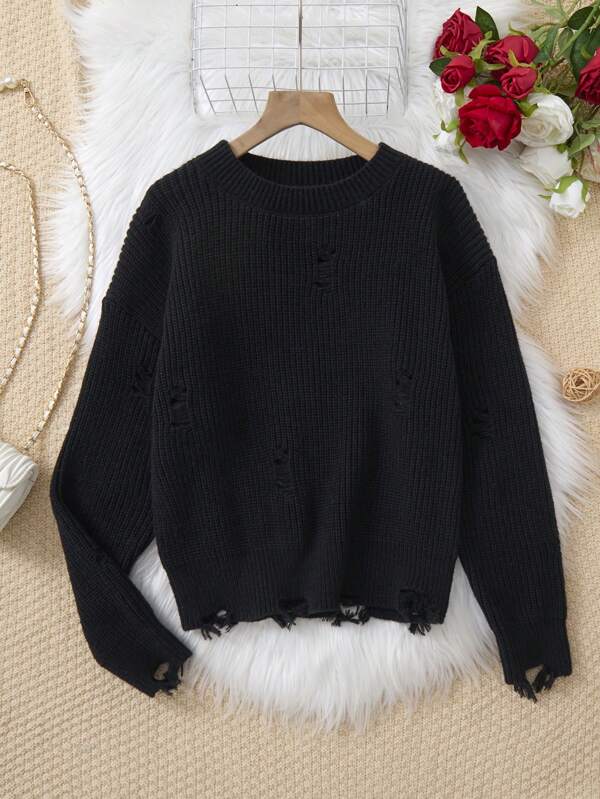 1 Stück Teenager Mädchen koreanischer Stil einfacher Strickpullover, Rundhalsausschnitt einfarbig Langarm mit Quastenbesatz am Saum, Lässig Strickware, für den Herbst