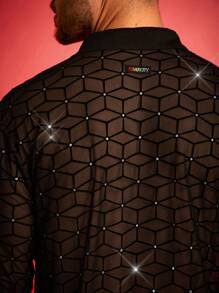 FeverCity Men's Simple Front Button Casual Loose Mesh Long Sleeve Shirt - Black - View 4