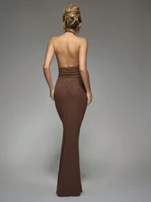 MISSGUIDED Embellished Cut-Out Cross Halter Neck Backless Flare Hem Maxi Dress - Brown - View 2