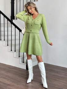 SHEIN Clasi 2pcs Women Solid Color Front Button Pocket Blouse And Skirt Sweater Set