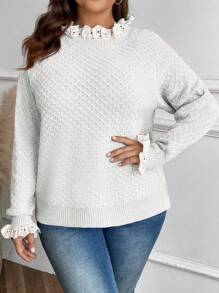 Celure Plus Size Women Contrast Color Lace Ruffled Shoulder Long Sleeve Casual Sweater, Autumn/Winter