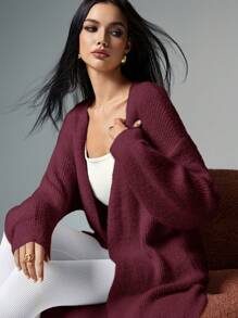 Poéselle 女式纯色长袖开襟针织开衫，秋冬休闲百搭 - 酒紅色 - 查看 2