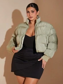 SHEIN BAE Plus Size Women Winter Casual Hiking Sage Green Quilted Front Zipper Wadded Padded Coat,Sweet Girl Patchwork Ribbed Cuff And Collar Warm Short Jacket - Green - View 3