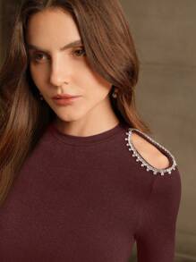 Anewsta Camiseta de manga larga con cuello alto, hombros abiertos, tejido acanalado y strass, elegante y de moda para mujer, para otoño