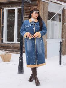 SHEIN EZwear Áo khoác denim dài cổ lông ấm áp không co giãn chưa giặt, áo khoác denim dài cổ lông, mùa thu/đông - Rửa tối - Xem 7