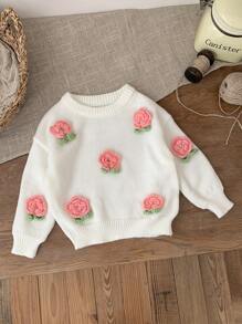 SHEIN Leap Crew Baby Girl Cute Floral 3D Design Long Sleeve Knit Sweater, Versatile For Autumn/Winter - White - View 6