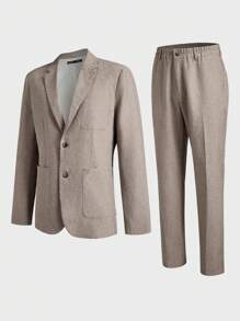 Manfinity VCAY 2pcs Men Business Suit Set, Slim Fit Long Sleeve Casual Suit, Suitable For Autumn And Winter - Khaki - View 1