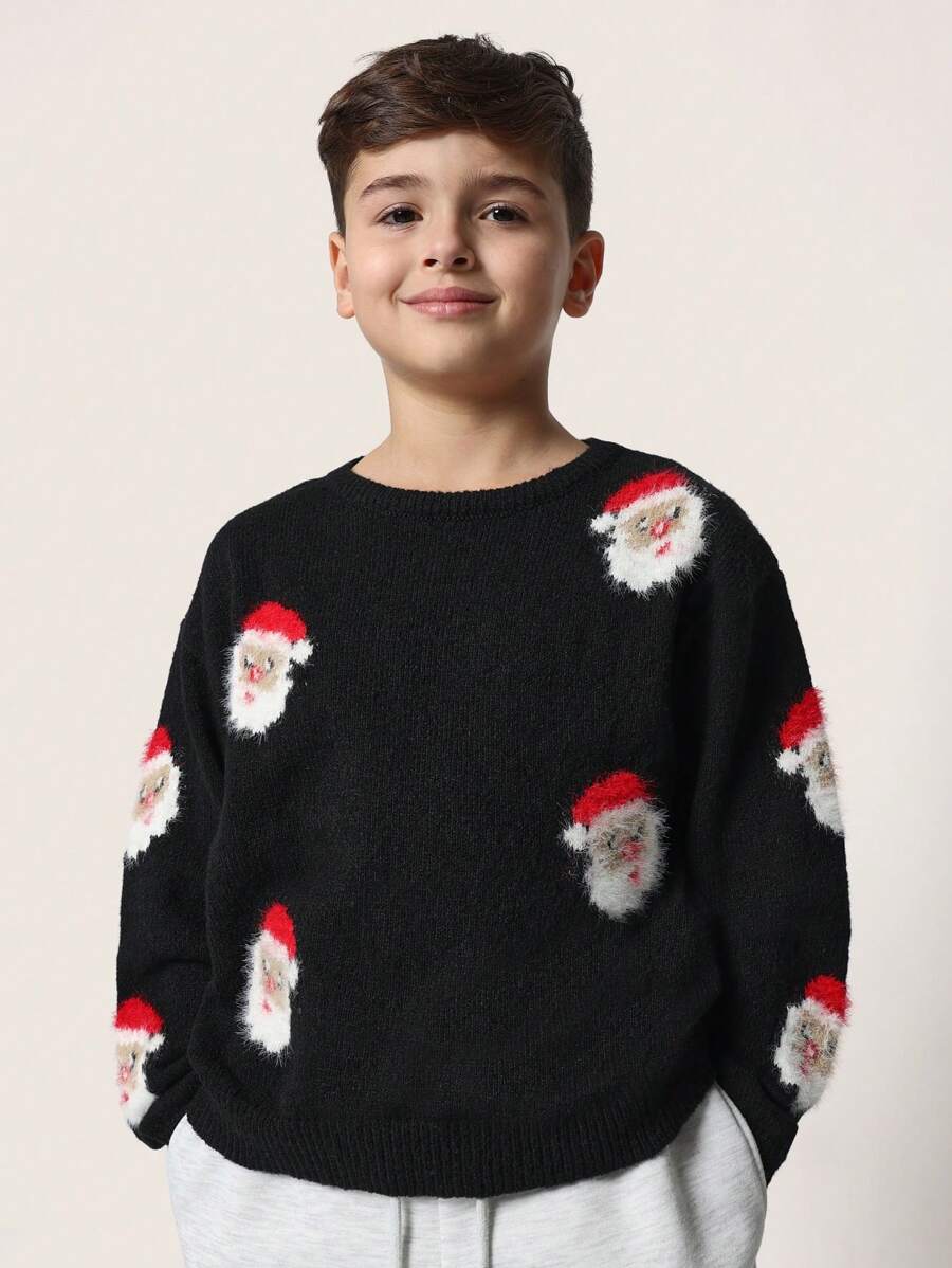 SUMWON 节日圣诞老人针织毛衣圣诞派对冬季毛衣青少年节日礼物新奇套头衫季节性舒适针织衫 - 黑色 - 查看 1