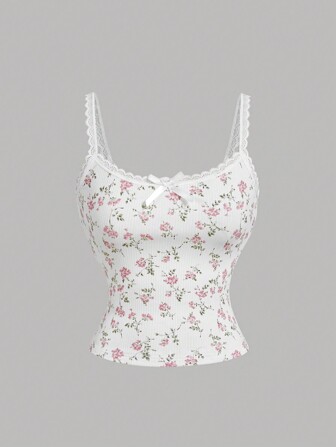 SHEIN MOD Rosa Blumen Spitze Träger Top, süße Nachtwäsche Träger, Layering Shirt, sexy Bluse für Frauen