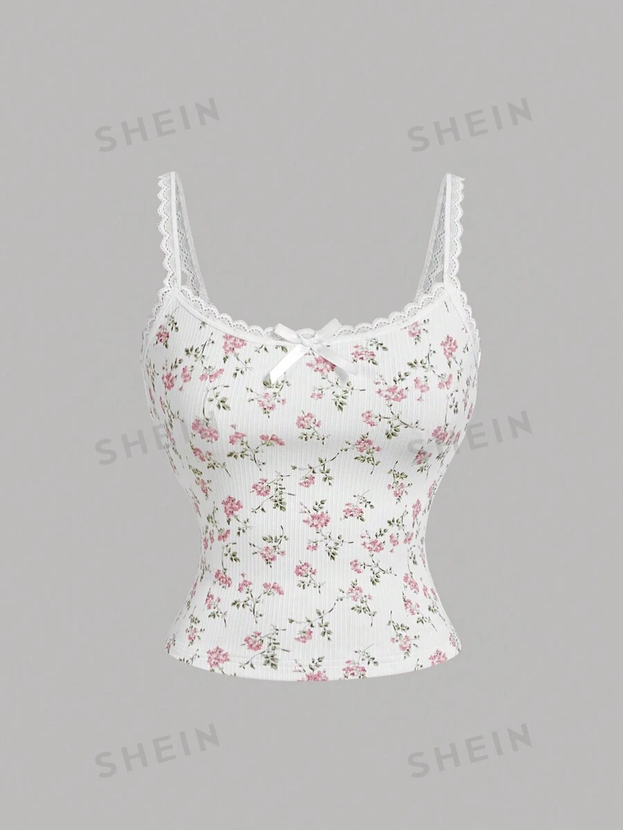 SHEIN MOD Camiseta de tirantes con encaje floral rosa, camiseta de dormir linda, camisa para capas, blusa sexy para mujeres