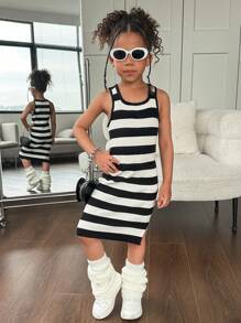 SHEIN Leap Crew 2 件装少女条纹印花长袖开衫和圆领无袖连衣裙套装、毛衣套装 - 黑與白 - 查看 4