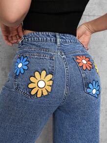 SHEIN PETITE Floral Print Pocketed Casual Straight-Leg Jeans - Blue - View 2
