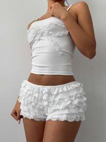 Aloruh Women's Fashion Color Contrast Lace Trim Mesh Multilayer Ruffle Edge Cake Shaped Super Short Shorts, Music Festival, Spring/Summer