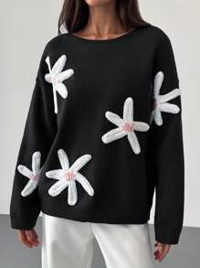 Aloruh Romantic Floral 3D Decor Colorblocked Loose Long Sleeve Warm Cute Sweater For Women - Black - View 9