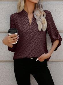SHEIN LUNE Women's Casual Allover Print Notched Collar Roll Sleeve Shirt, Autumn