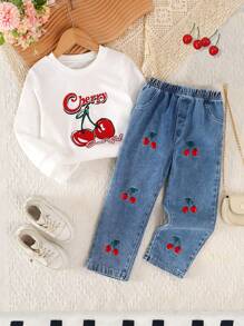 Bộ 2 món quần denim thêu thẳng cạp chun thời trang giản dị ngọt ngào cổ tròn tay dài rộng rãi cho bé gái, mùa thu - trắng - Xem 3