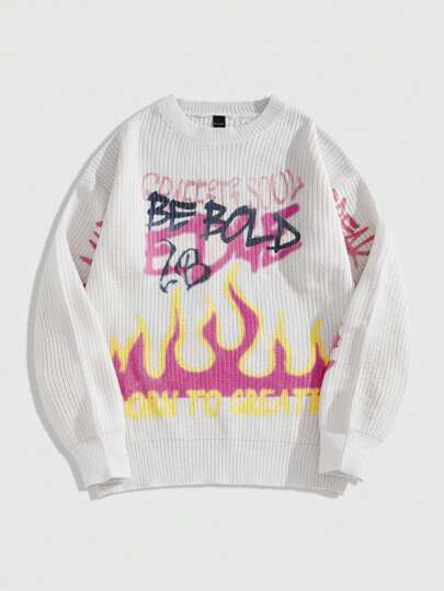 Street Life Suéter tipo jersey casual con estampado de llamas para hombre, estilo de uso diario