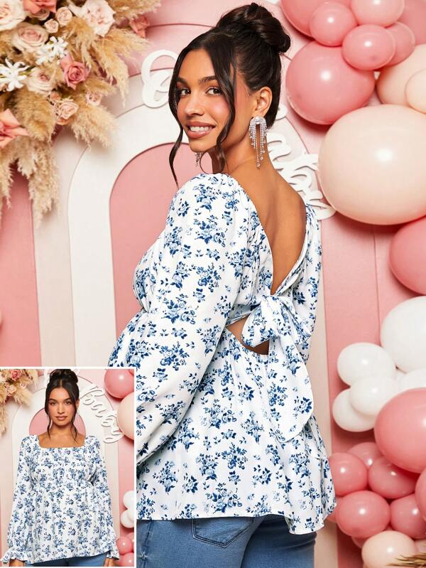 Loomaby Maternity Floral Print Round Neck Long Sleeve Fashionable Blouse, Suitable For Vacation, Baby Shower Party