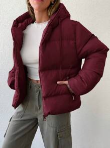 EURMUSE Zip Up Drawstring Hooded Puffer Coat - Burgundy - View 3