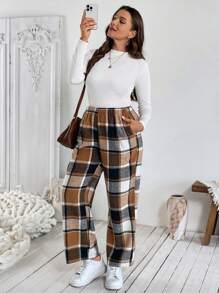 SHEIN VCAY Plus Size Plaid Elastic Waist Casual Pants, Autumn/Winter - Multicolor - View 5