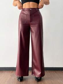 SHEIN PETITE Women's Retro Leather Trousers Suitable For Autumn And Winter - Red - View 3