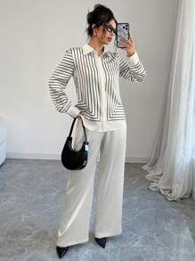 SHEIN Unity 2pcs Set: Casual Color Block Striped Long Sleeve Shirt And Solid Color Pants, Autumn - Black - View 4