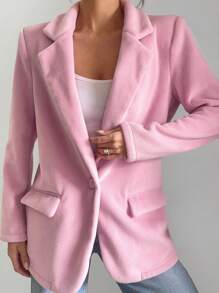 SHEIN Essnce Women's Solid Color Front Button Long Sleeve Flat Collar Simple Casual Blazer - Pink - View 1