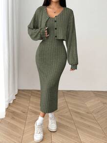 SHEIN EZwear Women's New Autumn Ribbed Knit Drop Shoulder Front Button Jacket And Skinny Mid-Length Dress Set - Army Green - View 3