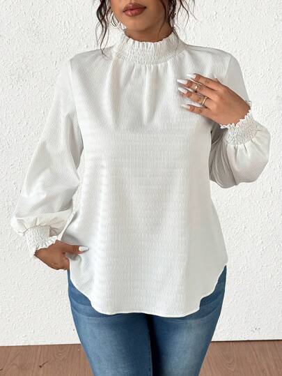 Elenzga Plus Size Solid Color Snap Collar Casual Long Sleeve Textured Blouse Fall Cloth For Women